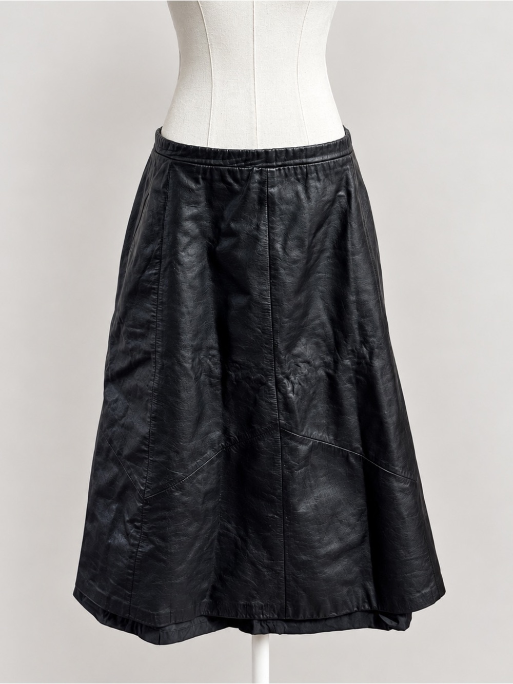 Vintage Genuine Leather Midi Skirt 20W Plus Size Black A Line Pockets